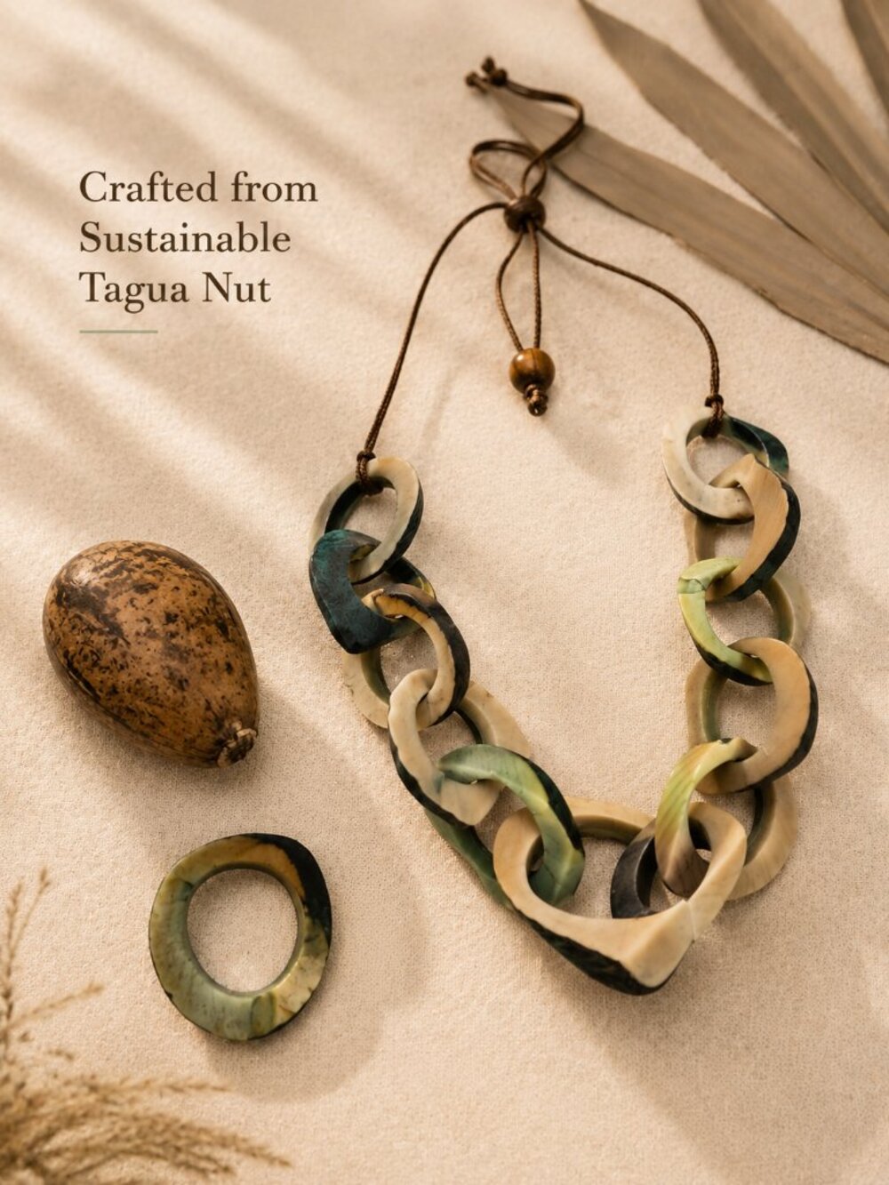 Artisan Tagua Nut Statement Necklace 18" Natural Sustainable Handcrafted 10-Link